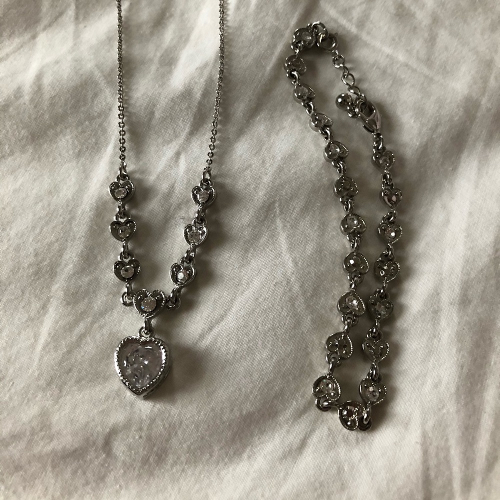 Silver and Crystal Heart Necklace and Bracelet Set